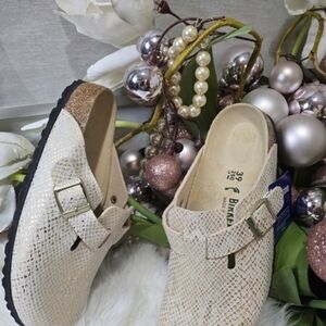 Birkenstock Shiny Python Eggshell Boston BS Women's Clogs 1020355Size39/8 New